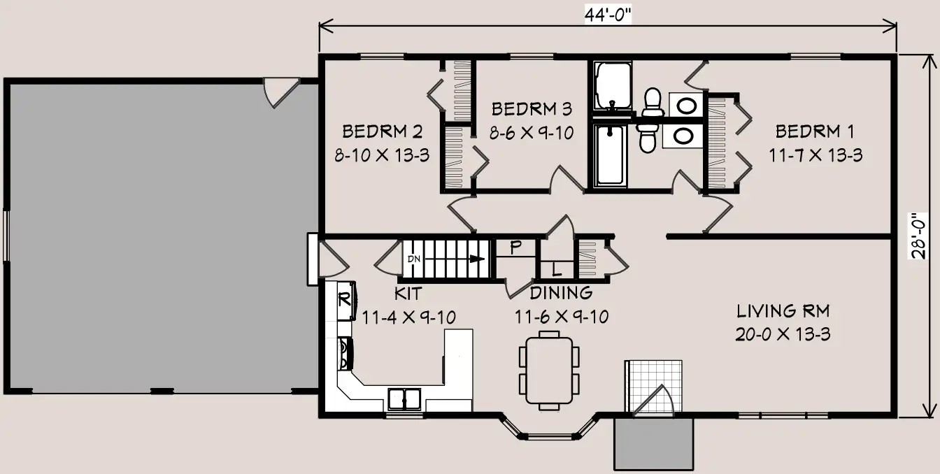 Fruitwood A floor plan, 44 feet by 28 feet, three bedrooms